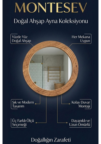 Antik Ahşap Dekoratif Ayna Yuvarlak Banyo Duvar Aynası 56 Cm Naturel