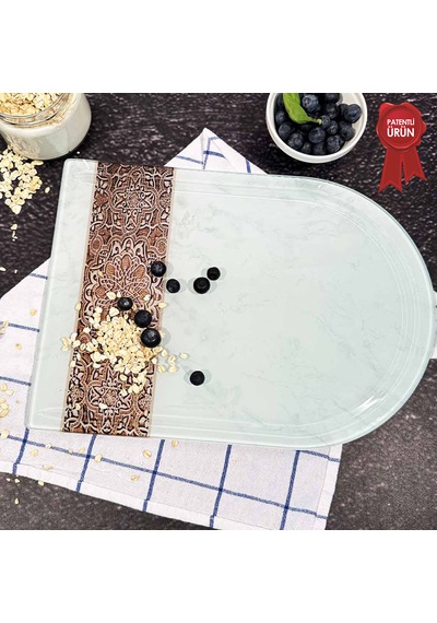 Kanallı Cam Kesme Tahtası - Arabesk Tek - Kenarı Oval - 25x35cm