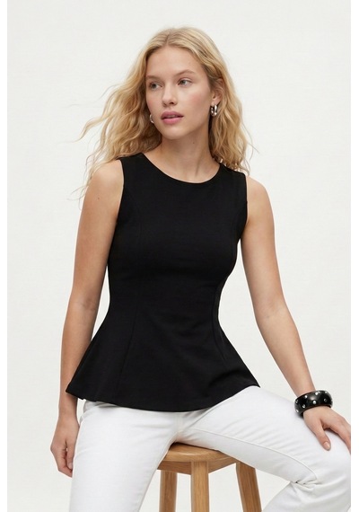 Ritnice Kadın Newly Peplum Sıfır Kol Siyah Bluz Siyah