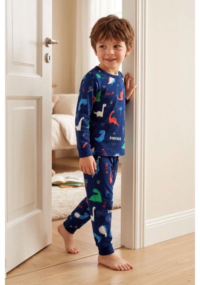 Zuzunga Hello Dino Desenli Uzun Kollu Erkek Çocuk İnterlok Pijama Takımı Lacivert