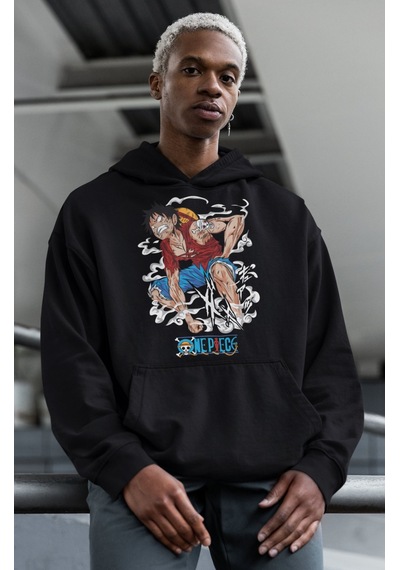 Sevbano Monkey D. Luffy Baskılı Unisex Oversize One Piece Anime Hoodie Siyah