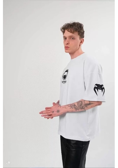 Modi Unisex Bisiklet Yaka Baskılı Oversize T-shirt - Beyaz - Mymg108584