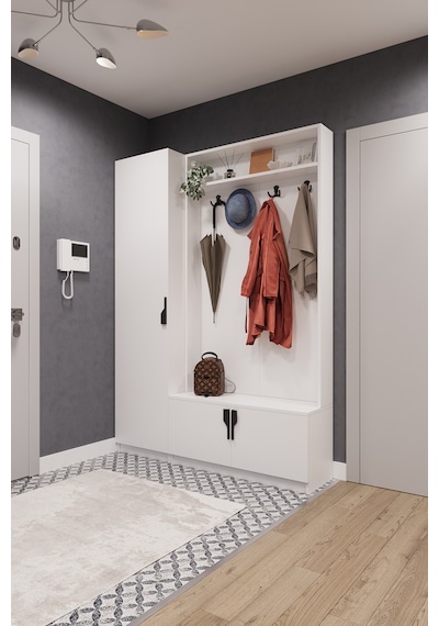 Lüks Çok Raflı Portmanto Askılı Vestiyer %100 Mdf Çok Raflı Ayakkabılık V01 Beyaz