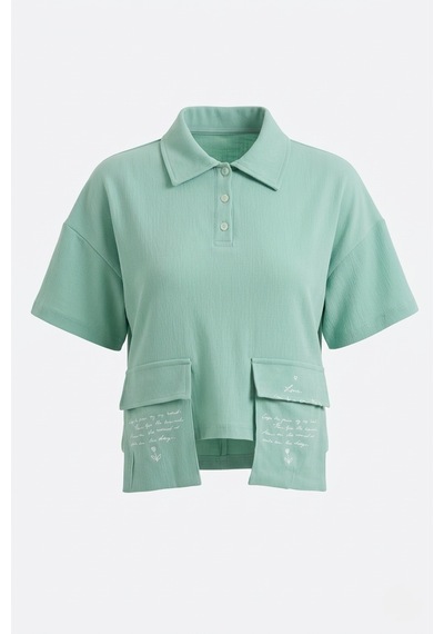 Sortie Collection Polo Yaka Yazı Baskılı Cep Detaylı Crop Bluz Mint MİNT