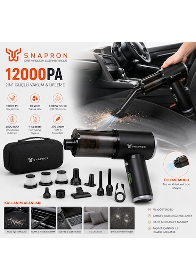 Snapron Snv-3002 2'si 1 Arada Şarjlı Araç Süpürgesi 80w 12000pa - 9 Başlık 3 Filtre Taşıma Çantalı Torpido Aksesuar