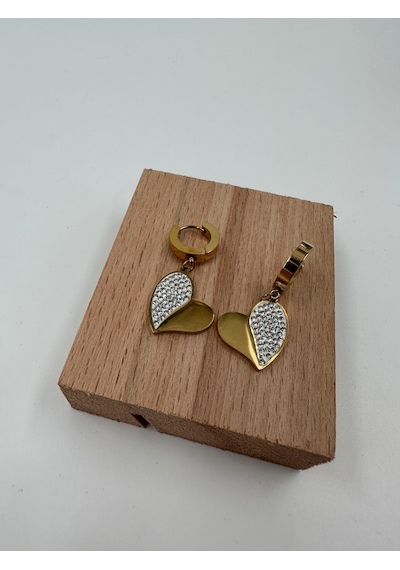 Xbaby Yarısı Taşlı Kalp Gold Küpe