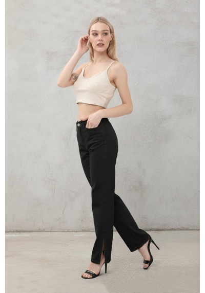 Kene Jeans Paça Yan Yırtmaç Siyah Boyfriend Bol Paça Pantolon Siyah