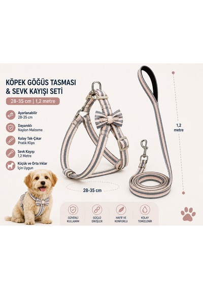 Köpek Göğüs Tasması Ve Sevk Kayışı Seti 28-35 Cm Desenli Papyonlu 1,2 Metre Kayış - Gri Pembe Çok Renkli