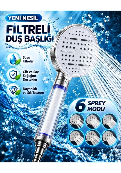 Modern Tasarımlı 6 Modlu Filtreli Duş Başlığı Büyük Panel Metalik Beyaz Duş Aparatı Diğer