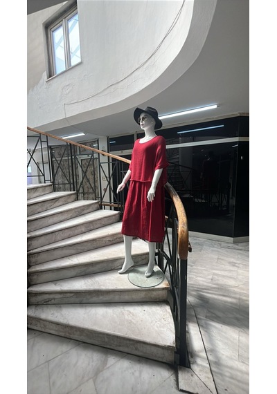 Eren Style İtalyan Müslin Keteni Üstü File Bluzlu Astarlı Tek Parça Elbise-9256 Bordo