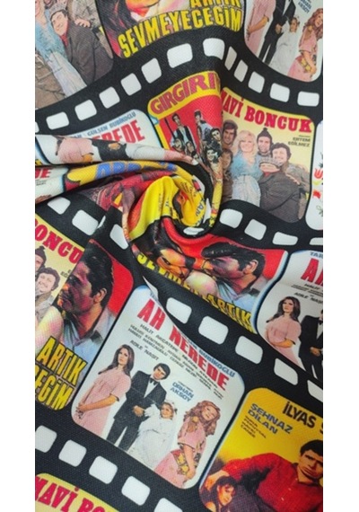 Film Şeritli Yeşilçam Filmleri Desenli Dijital Baskılı Kumaş