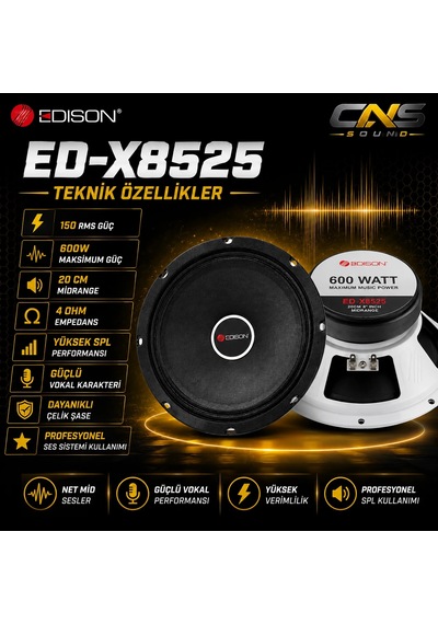 Edison Ed-x8525 20 Cm Midrange Hoparlör 150 Rms 300w Profesyonel Oto Ses Sistemi