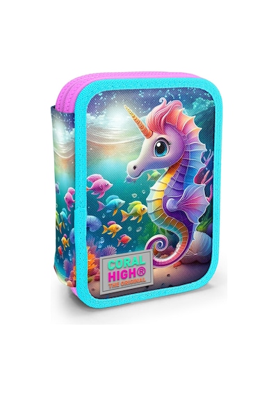 Coral High Kids Mavi Su Yeşili Denizatı Desenli Çift Katlı Kalem Çanta 11144 Mor - Pembe