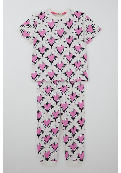 Paty Kıds Breeze Kız Çocuk Pijama Takımı Kısa Kollu Kalp Desenli 8-12 Yaş, Ekru