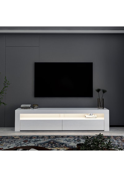 Batı LED Işıklı 2 Kapaklı TV Sehpası – 150 cm – Minimal Tasarım, Parlak Beyaz Batı LED Işıklı 2 Kapaklı TV Sehpası – 150 cm – Minimal Tasarım, Parlak Beyaz