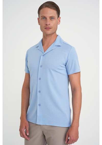 Efor Slim Fit Apaş Yaka Modal Karışımlı Kısa Kol Mavi Gömlek G 1590 Mavi