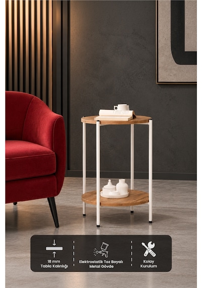 Arpelia Yuvarlak Tablalı Iki Katlı Sehpa Q42x60 Cm (Beyaz Atlantik Çam)