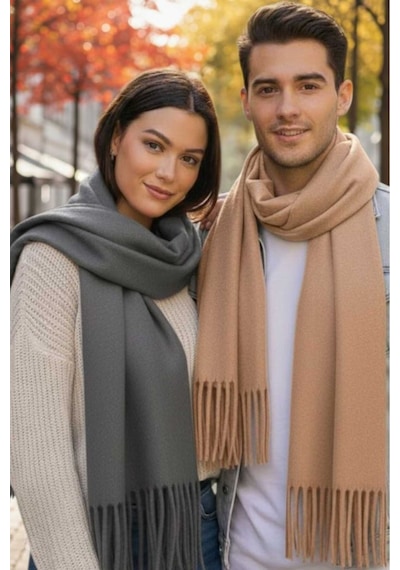Tezzgelsin Unisex Yumuşak Dokulu Püsküllü Kışlık Buklet Atkı Şal 2'li Set Gri - Bej