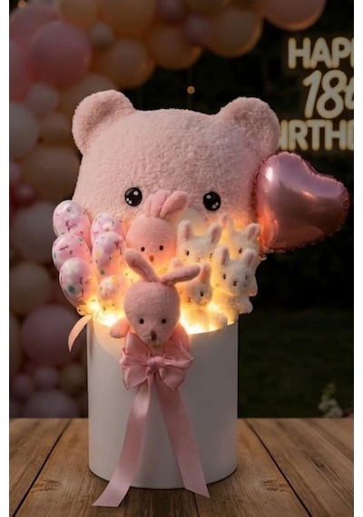 Deluxe Led Işıklı Peluş Ayı Yastıklı Silindir Kutuda Peluş Ayıcık Ve Tavşan Buketi Sevgiliye, Kıza Hediye