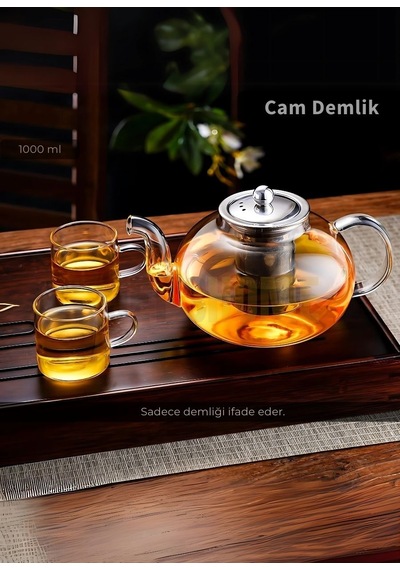 Jet's Home Cam Demlik Borasilikat Demlik Çelik Süzgeçli Çay Demliği Isıya Dayanıklı Bitki Çayı Demlik 1000 Ml Şeffaf