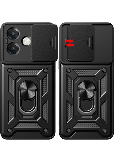 Teknomoda Oppo A3x 4g Kılıf Yüzüklü Standlı Sürgülü Kamera Korumalı Tank Sert Silikon Kapak Siyah