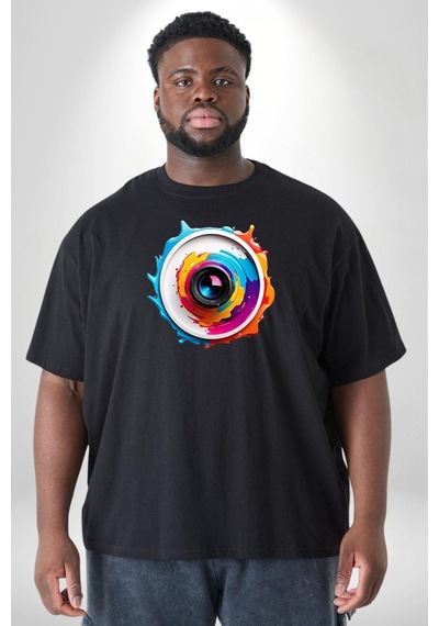 Angemiel Fotoğraf Makinesi Camera Lens Siyah Büyük Beden Erkek Kadın Unisex Basic Ön Baskılı Tişört Siyah