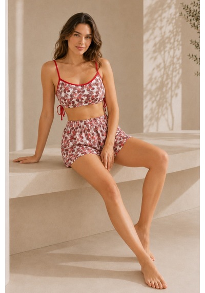 Loule Kadın Kırmızı Çiçekli Saten Büstiyer Şort Pijama Takımı