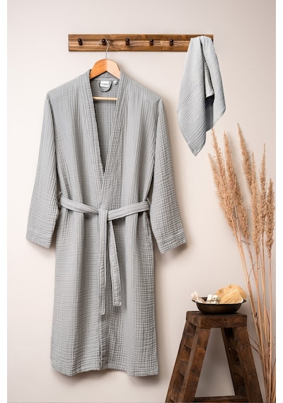Unisex Kimono Müslin Bornoz-havlu Seti - Gri