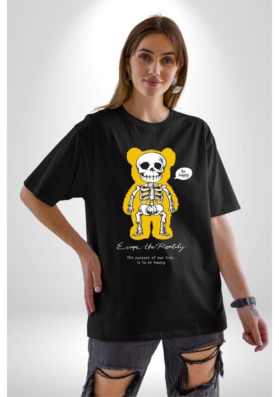 Mutlu Ol Pamuklu Bisiklet Yaka Unisex Oversize Boyfriend Dijital Baskılı Siyah T-shirt Siyah