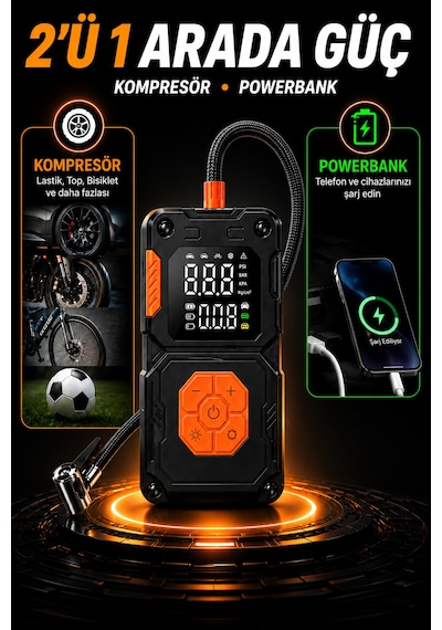 5000 Mah Taşınabilir Hava Pompası Kompresör 2 Ü 1 Arada Powerbank Dijital Ekran 150 Psı Araç Lastik Şişirme Cihazı