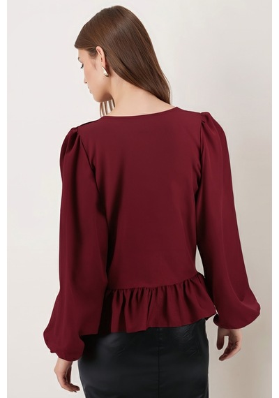 Armonika Kadın Bordo Önden Bağlamalı Etek Ucu Fırfırlı Kolları Lastikli Bluz Arm-26k001019 Armonika Kadın Bordo Önden Bağlamalı Etek Ucu Fırfırlı Kolları Lastikli Bluz Arm-26k001019