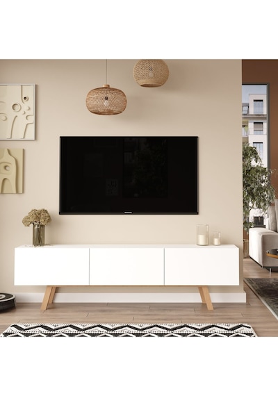 Jabari Tv Ünitesi 180cm 3 Kapaklı Ahşap Ayaklı Beyaz Jab1-w Beyaz