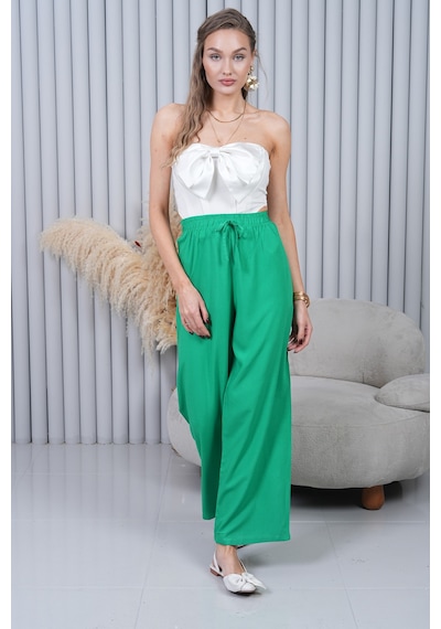 Polologin Butik Beli Bağcıklı Yüksek Bel Bol Paça Yeşil Pantolon Çok Renkli
