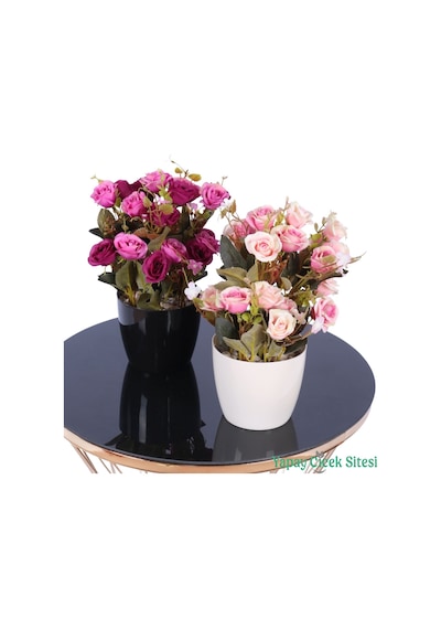 Yapay Çiçek Sitesi Plastik Saksıda Yapay Çalı Gülü Tanzimi 2'li Set 30 Cm Fuşya Mor - Somon Pembe