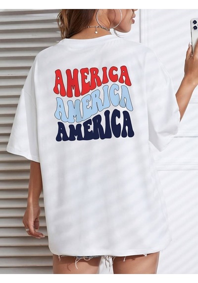 Flood Of Style Kadın Beyaz America Baskılı Oversize