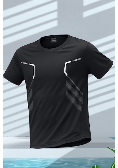 Genius Store Erkek Spor Tişört Antreman Gym Polyester Erkek Sporcu T-shirt Şeritli-tişört Siyah