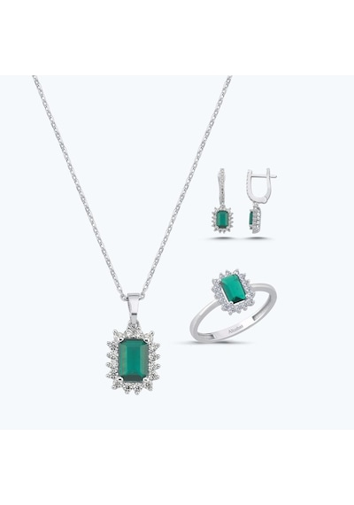 Altınbaş Yeşil Taşlı Altın Üçlü Baget Set Autk0015-b-24627-y-set