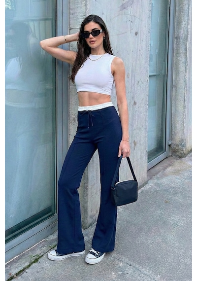Lela Streç Slim Fit Yüksek Bel Geniş Paça Çimalı Bayan Eşofman Altı 5866078 Lacivert