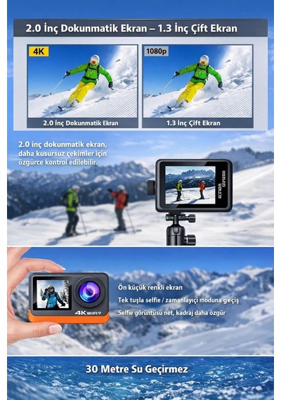 4k 60fps Aksiyon Kamerası, Ultra Hd Wifi Su Geçirmez Spor Kamera, 2 İnç Dokunmatik Ekran, Eıs Titreşim Engelleme, 30 Metre Suya Dayanıklı 5 Metre Siyah