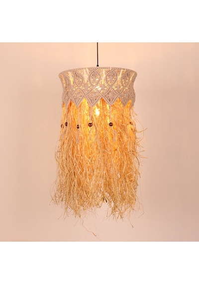Bohem Etnik Doğal Hasır Doğal Rafya Bambu & Rattan Handmade Dekoratif Sarkıt Saçaklı Avize 40x75cm-9002824388266 Bej