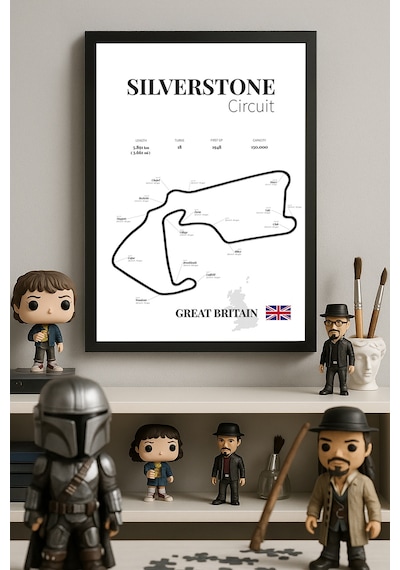 Silverstone Formula 1 Siyah Ahşap Çerçeveli Poster, Dekoratif Harita Duvar Tablosu