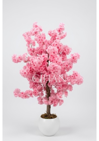 27 33 Küre Saksılı Yapay Pembe Bahar Dalı Ağacı 120 Cm Beyaz
