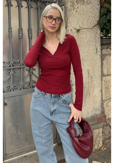 Madmext Bordo Polo Yaka Fitilli Kadın Body Mg2566 Bordo