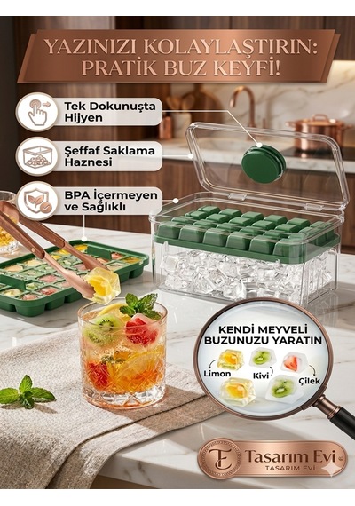 Yeni Nesil Basmalı Çift Buz Kalıbı Buzluk Kapaklı Saklama Kutulu 28 28 56 Bölmeli 10x20 Cm Yeşil