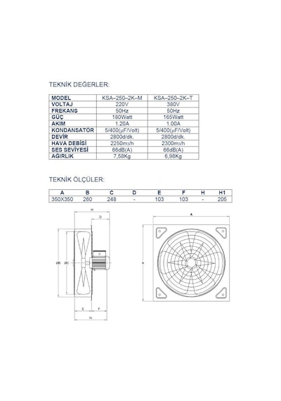 Ayas 25 cm 2800 d/d Kare Sanayi Tipi Aspiratör 220 Volt Monofaze
