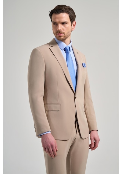 İmza Düz Gabardin Mono Yaka Tam Astar Beli Lastikli Esnek 6 Drop Slim Fit Takım Elbise 1001250155 Koyu Bej
