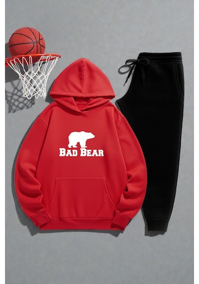 Unisex Bad Bear Baskılı Sweatshirt Eşofman Takımı Kırmızı
