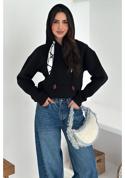 Noa & Noa Kadın Fular Detaylı Kapüşonlu Sweatshirt Casual Charm Siyah