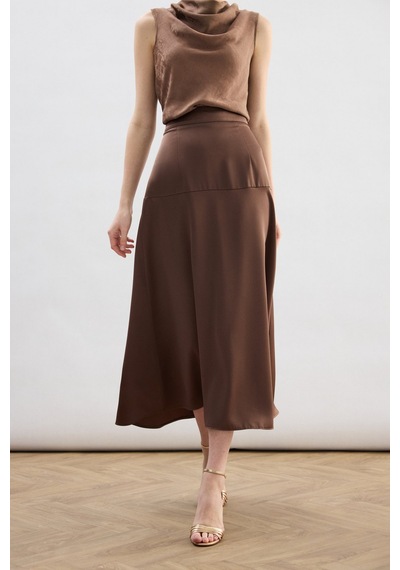 Sateen Yüksek Bel Saten Etek - Kahve-136782 Kahve