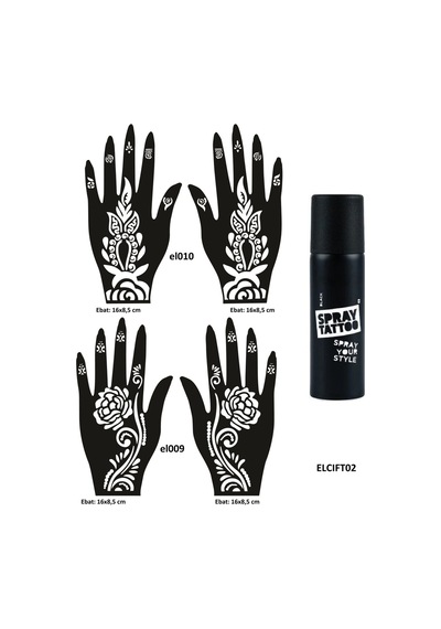 Airbrush Tattoo Güllü Desenler El Üstü Geçici Dövme Seti Dark Siyah Sprey + El Kalıbı 4'lü